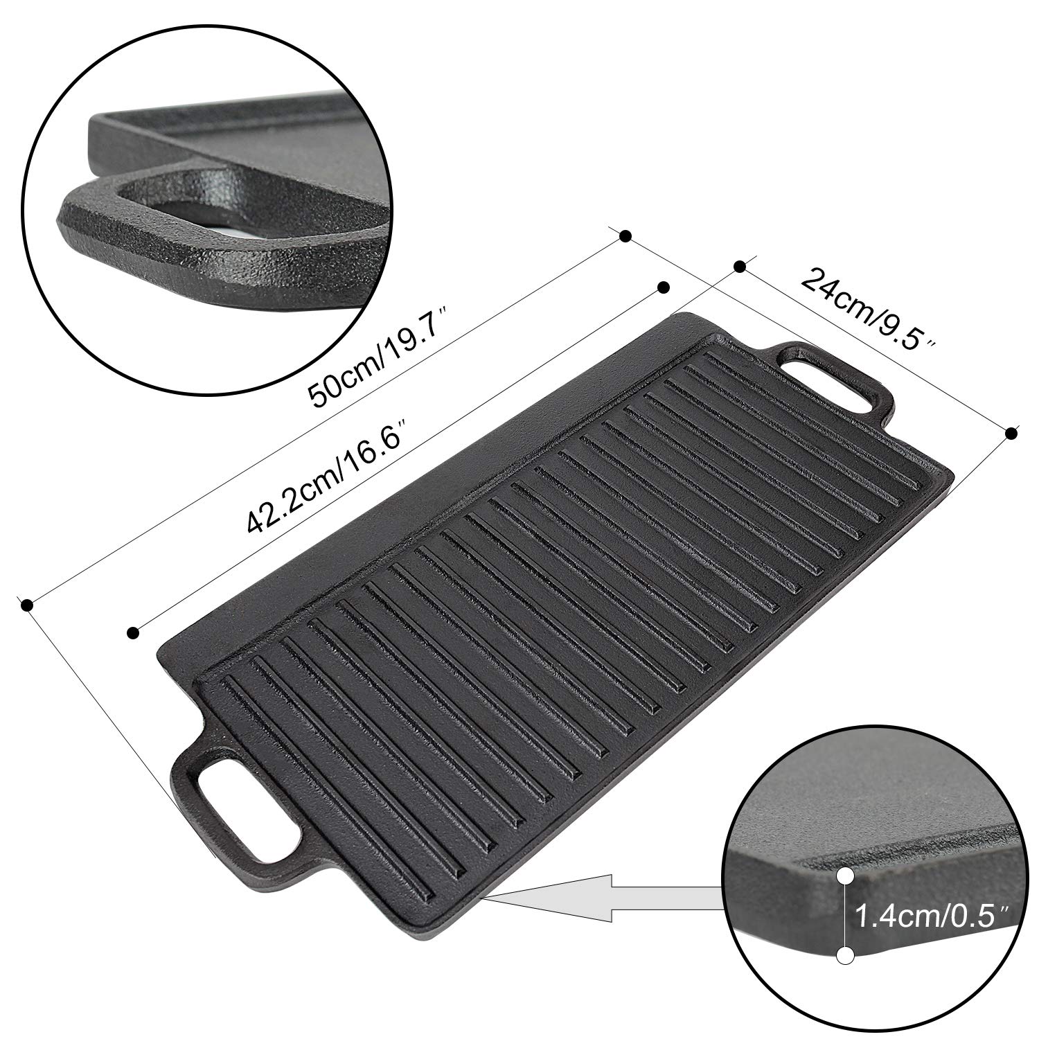 Gietijzeren omkeerbare grillplaat, dubbelzijdige grillpan met handgrepen (30 cm