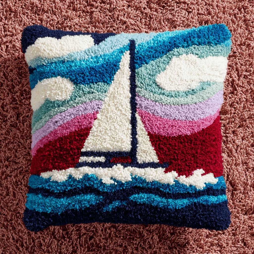 AxiangziK Latch Hook Cushion Kits,Sailboat DIY Needlework Pillow Cover Cushion Rug Making Kit,17X17Inch Handmade Embroidery Kits, Decorative Throw Pillow Cover for Sofa Cushions, Bedroom Decor
