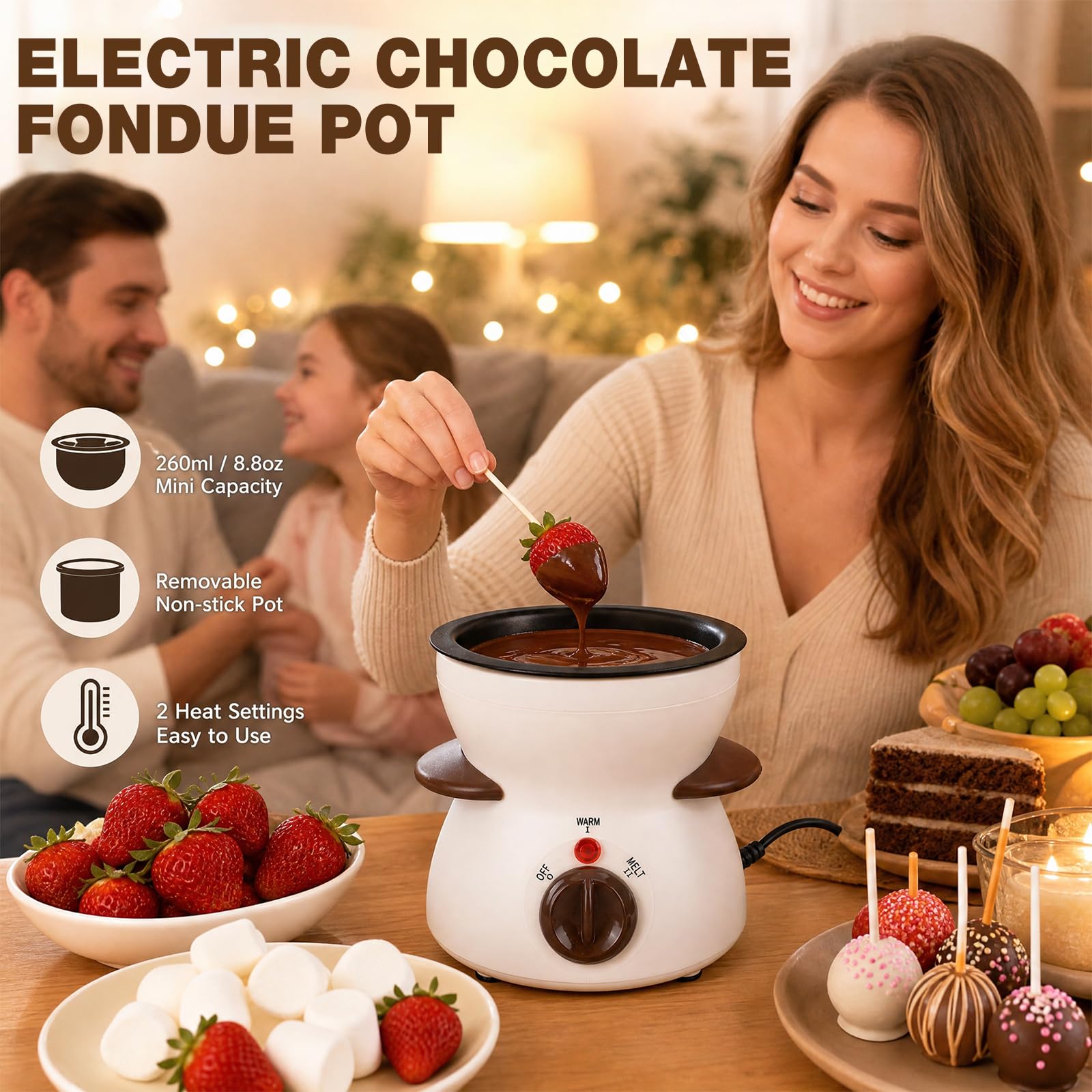 Fondue de chocolate eléctrico de 300 ml, derretidor de chocolate con 8 tenedores de acero inoxidable, juego de fondue para derretir chocolate y cobertura, regulador de temperatura para postres