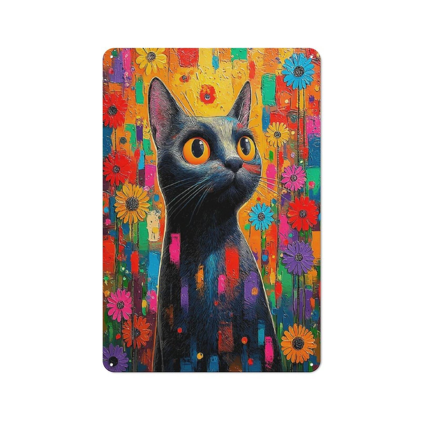 Junmoney Colorful Cat With Flowers Retro Metal Sign 30X20cm For Living Room Or Hallway, For Updating Living Room And Hallway After Moving