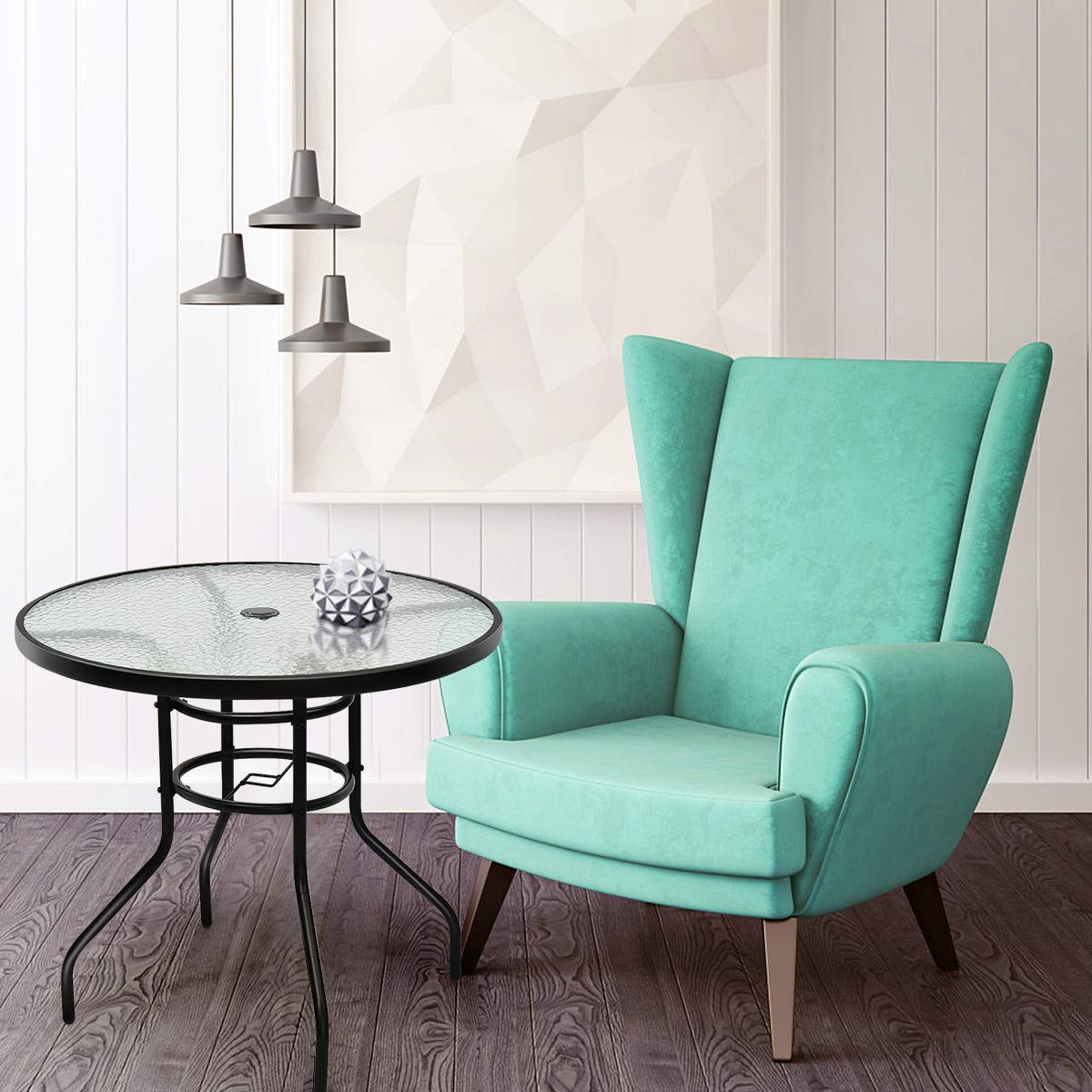 COSTWAY Table de Jardin Ronde, Plateau en Verre Trempé Massif avec Trou de Parasol, Cadre en Métal Anti-Rouille Plateau ø 80 CM, Hauteur 70 CM pour Balcon, Bistro,Patio, Terrasse Noir
