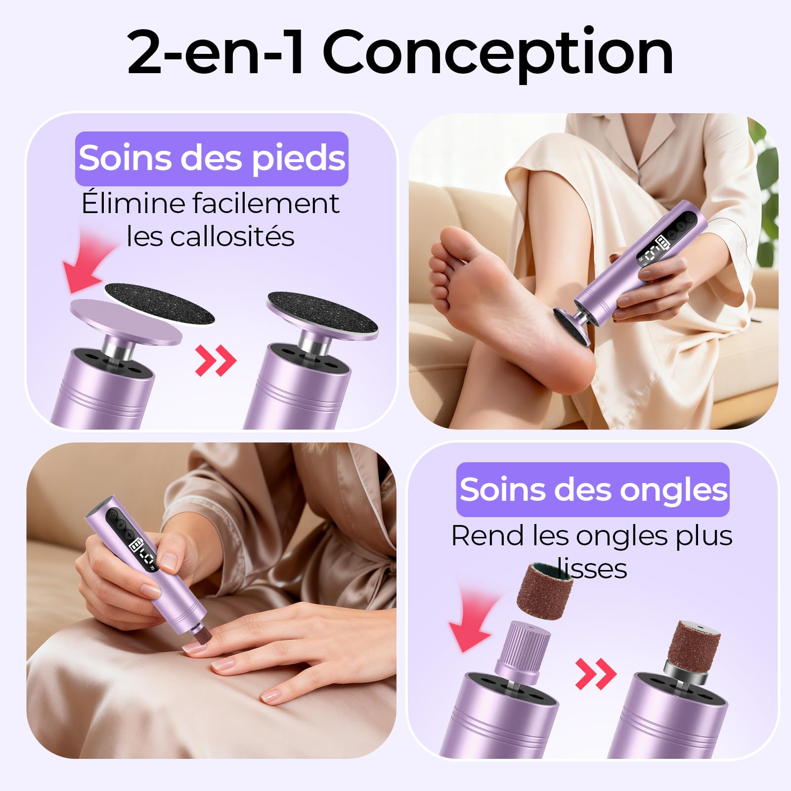 Rapeuse Pieds Électrique Puissante, 2-en-1 Ponceuse Pieds et Lime Ongles avec Écran LED, 9 Vitesses, Rechargeable, Kit Pédicure Professionnel pour Callosités, Peaux Mortes et Talons Fissurés, Violet