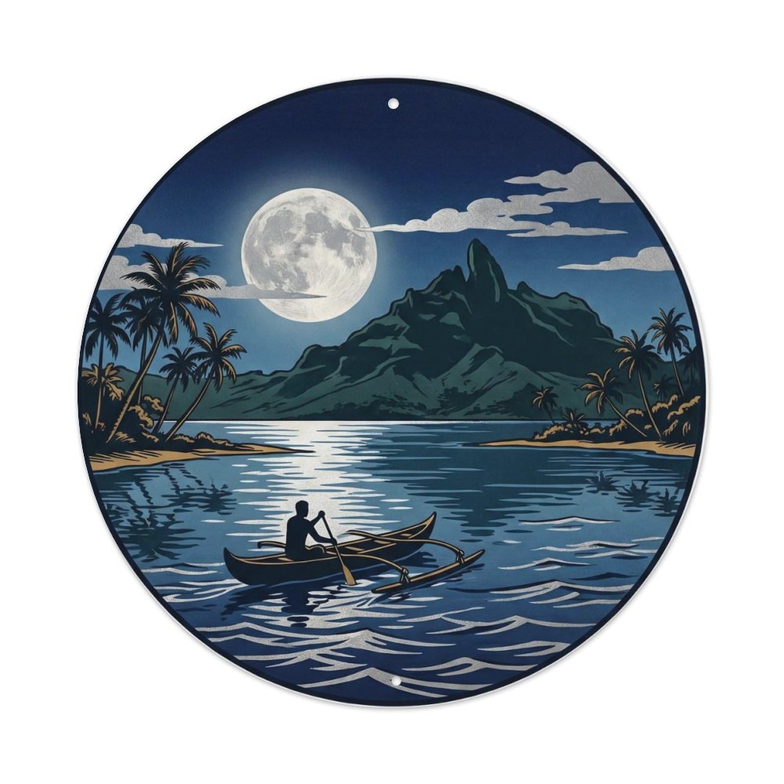 Olhnbad Style Moonlit Borabora Otemanu Lagoon Canoe Woodblock Metal Tin Sign