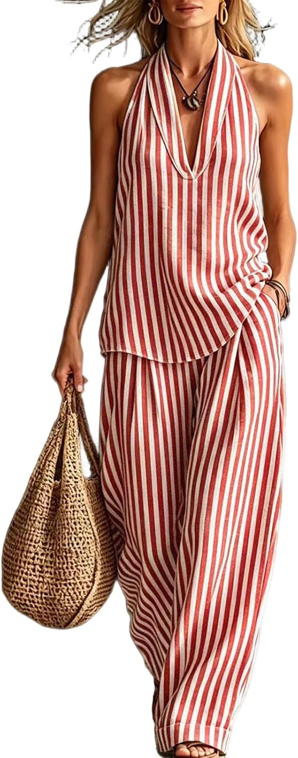 Women Striped 2 Piece Sets Summer Halter V Neck Top and Wide Leg Pants Matching Outfits Casual Set with Pockets
