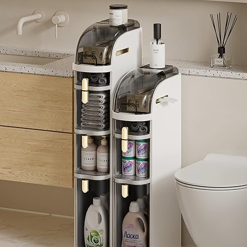 WEAFIEO Bathroom Floor Storage Cabinet 7.09″ Narrow Slim Organizer 3-Tiers Side Corner Unit with Handle Casters Clear Drawers for Tiny Kitchen Laundry Living Room Toilet Gap