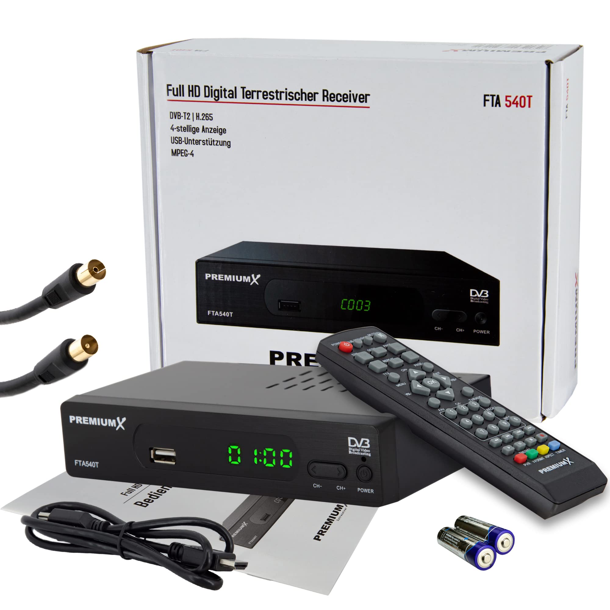 PremiumX FTA 540T Full HD Digitaler DVB-T2 terrestrischer TV Receiver H.265 HEVC | USB Mediaplayer SCART HDMI Antennenkabel | Auto Installation