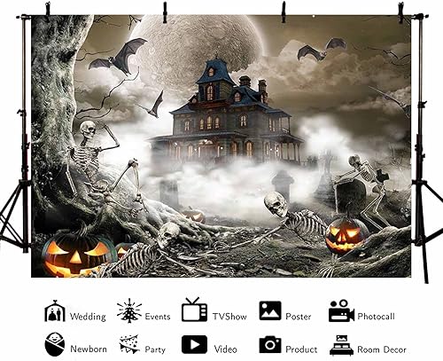 Miniatura 10 de Telón de fondo de fotografía gris de Halloween de 8 x 6 pies, luna llena, noche de miedo, fantasma, castillo, fondo para fotos, calabaza, calavera,
