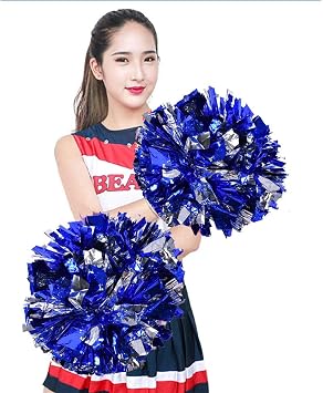 Vbestlife 2 Pack Cheerleading Pompoms, Cheering Squad Spirited Fun Cheerleading Kit Cheerleader Aerobics Pom Poms for Team Spirit Dance Party School Sports Competition Stage PerformanceSilver+Blue