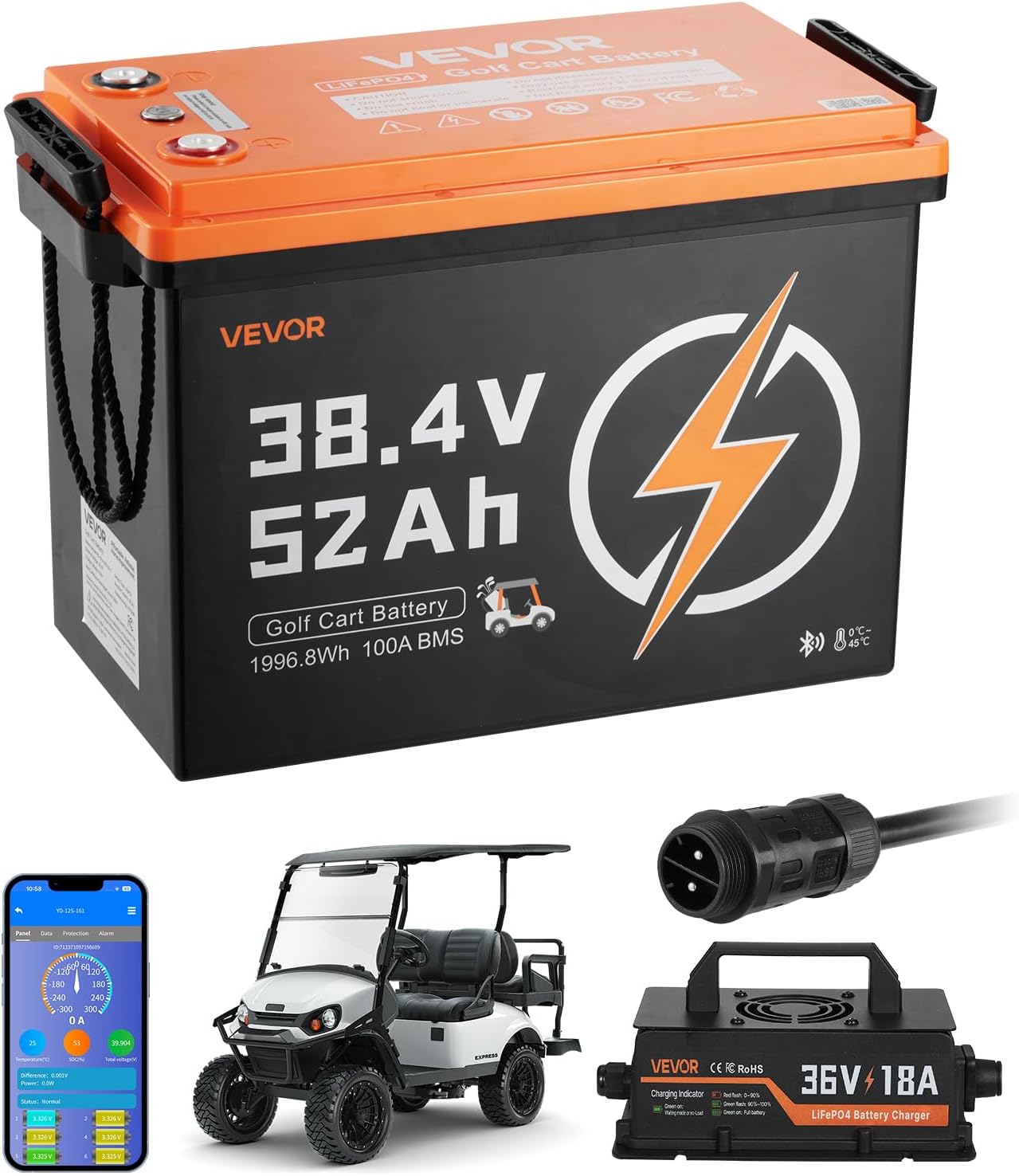 VEVOR 36V (38.4V) 52AH Lithium Golf Cart Battery, with 18A Charger, Lifepo4 Battery Kit, Built-in 100A BMS, 4000 Cycles, 2C Discharge Rate, Bluetooth & Mobile APP, for Golf Carts, Trolling Motors