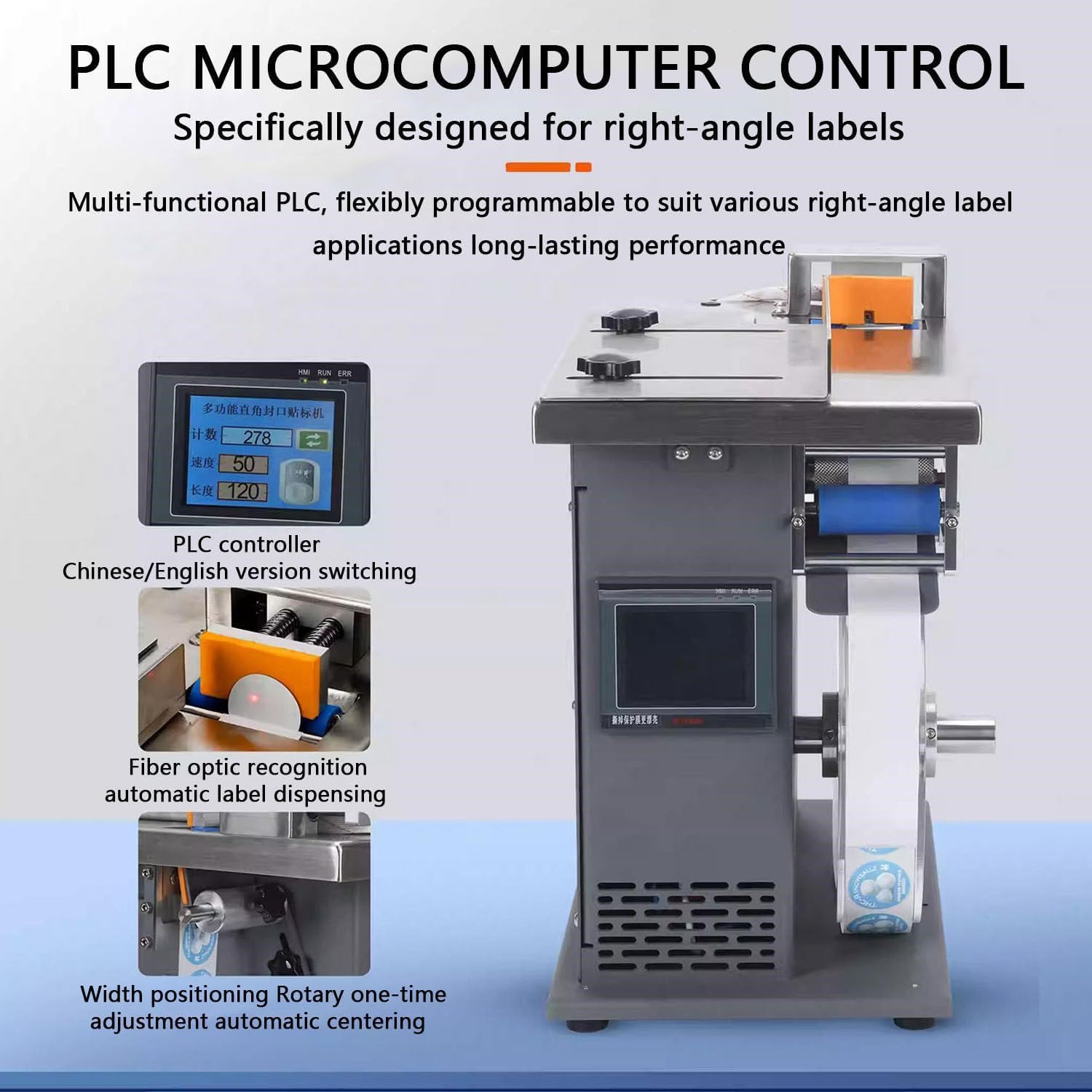 Etichettatrice semiautomatica regolabile, touch screen digitale, precisione ± 0,5 mm, etichettatrice di centraggio automatica con sistema PLC, velocità 15-30 etichette/min
