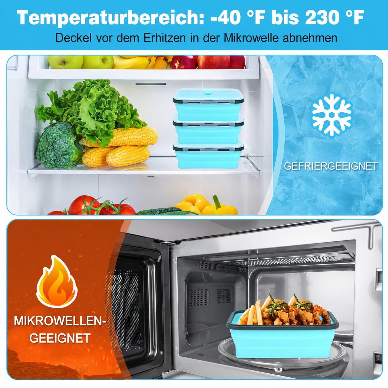 10er Set Faltbare Frischhaltedosen mit Deckel für Camping, 1200 ml