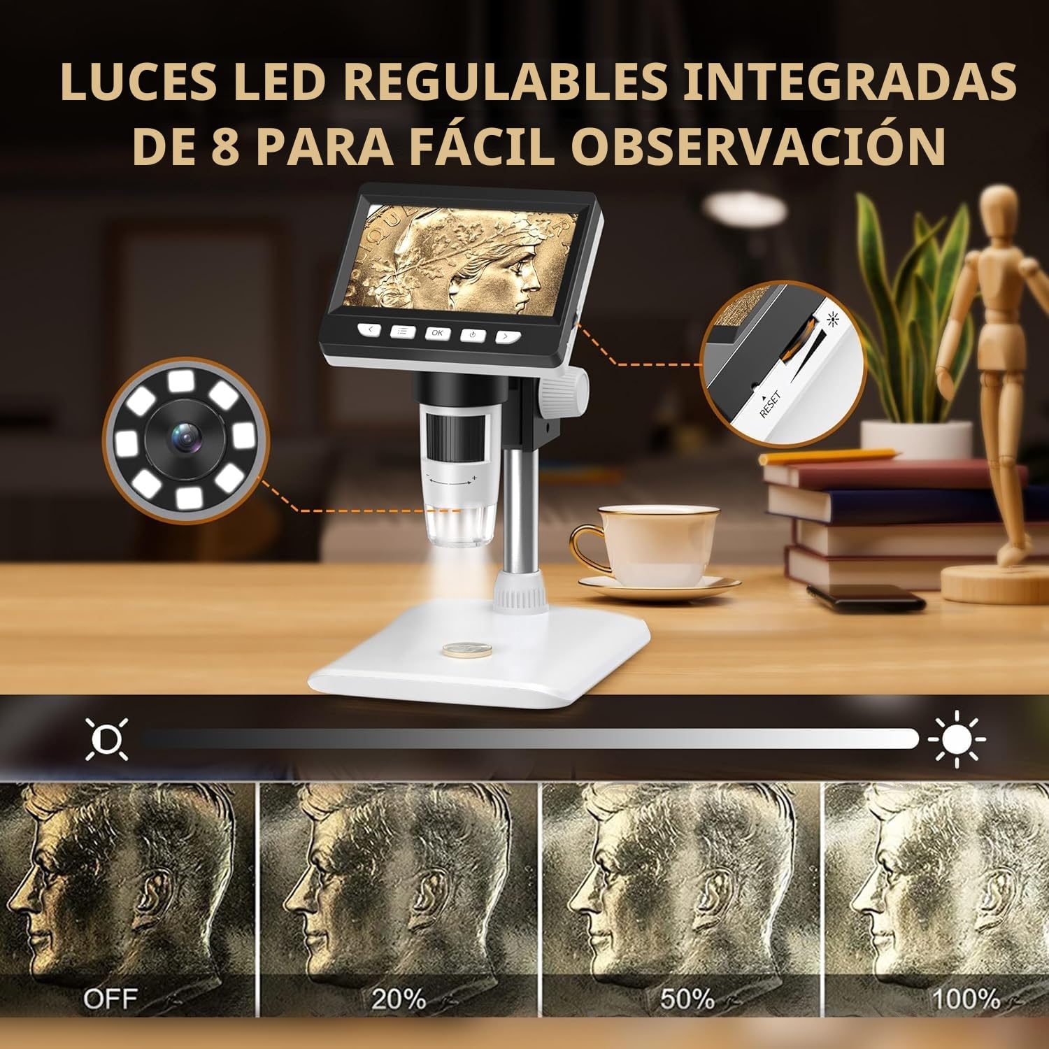 USB Microscopios Digitales Portátiles, 1000X Zoom 4.3" 1080P Microscopio Equipo para Adultos Niños Estudiantes con 8 Luz LED Ajustables, Biológico Microscopio para Electrónica, Botánica y Más.