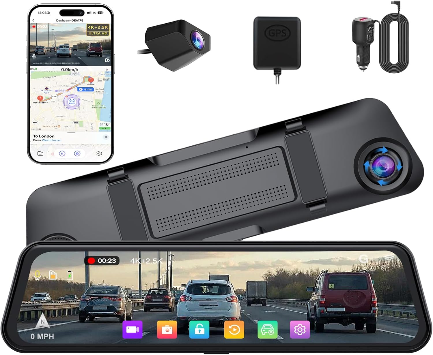 Aprilboy 4K + 2.5K Mirror Dash Cam, 12'' Rearview Mirror Camera for Cars with with IMX415 Sensor, WiFi, Night Vision, Reverse Assist, Parking Monitoring