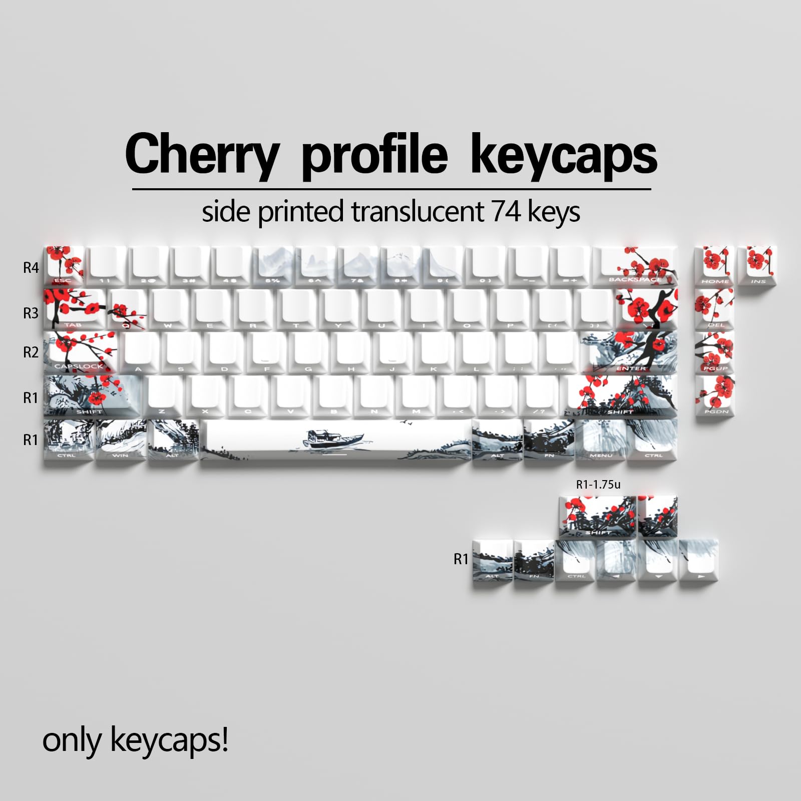 Keycap bianco a tema Plum Blossom, tasti traslucidi stampati lateralmente, 74 tasti Cherry Profile Keycap set adatto per switch Cherry MX 60/61/65/67/68 tastiere meccaniche (solo cappucci)