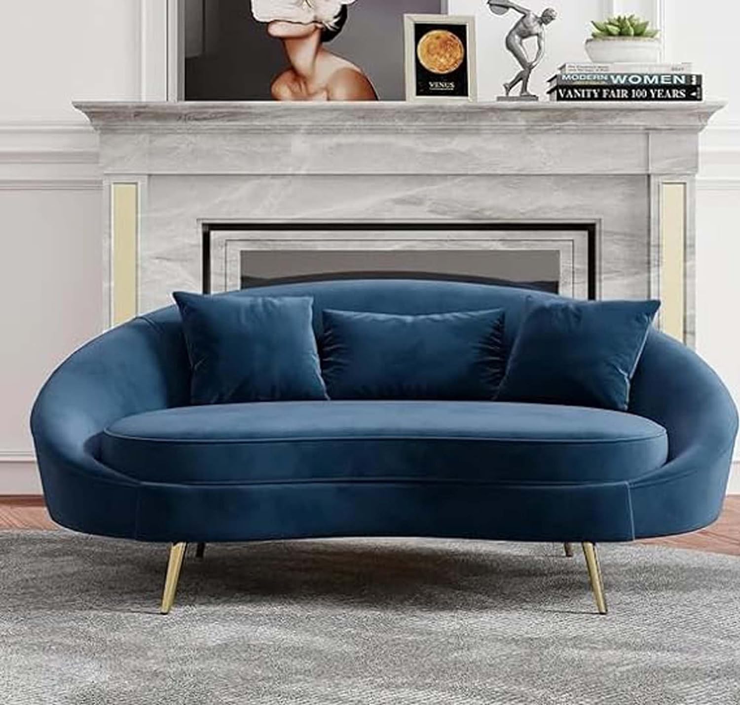 Luxury Curved Velvet 2 Seater Sofa Curve Sofa Love Seat with Golden Legs for Leaving Room, Hallways, Offices (Blue)-image-27