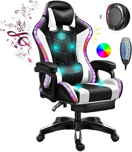 Silla de juegos con altavoces, silla ergonómica de videojuegos con reposapiés masaje y luz LED, silla de oficina reclinable para computadora, silla