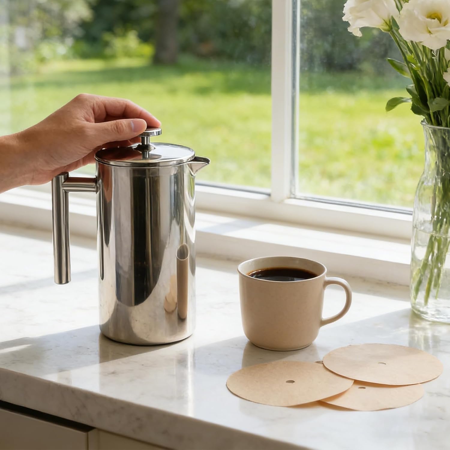 100 Pcs Paper Filters for Ziruma French Press 34 Oz, Pre-punched Holes