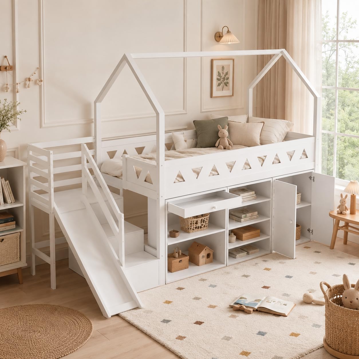 Kinderbett 90x200 mit Rutsche und Treppen, Weiß | Hochbett mit Magnetischer Tür, Hausbett für Kinder und Jugendzimmer, Massivholz mit Lattenrost, Ohne Matratze