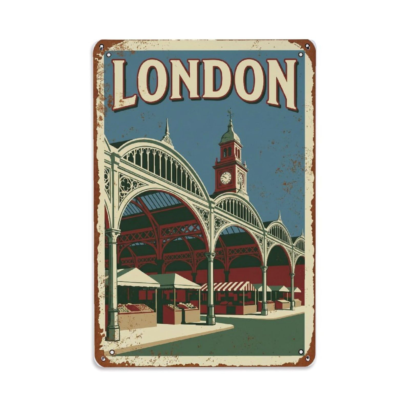 Vintage Travel London Smithfield Market Historic Meat Hall Rusted England Metal Tin Sign Plaque Wall Decor for Cafe, Club Bar, Office, Home Garden Metal Poster 8x12Inch