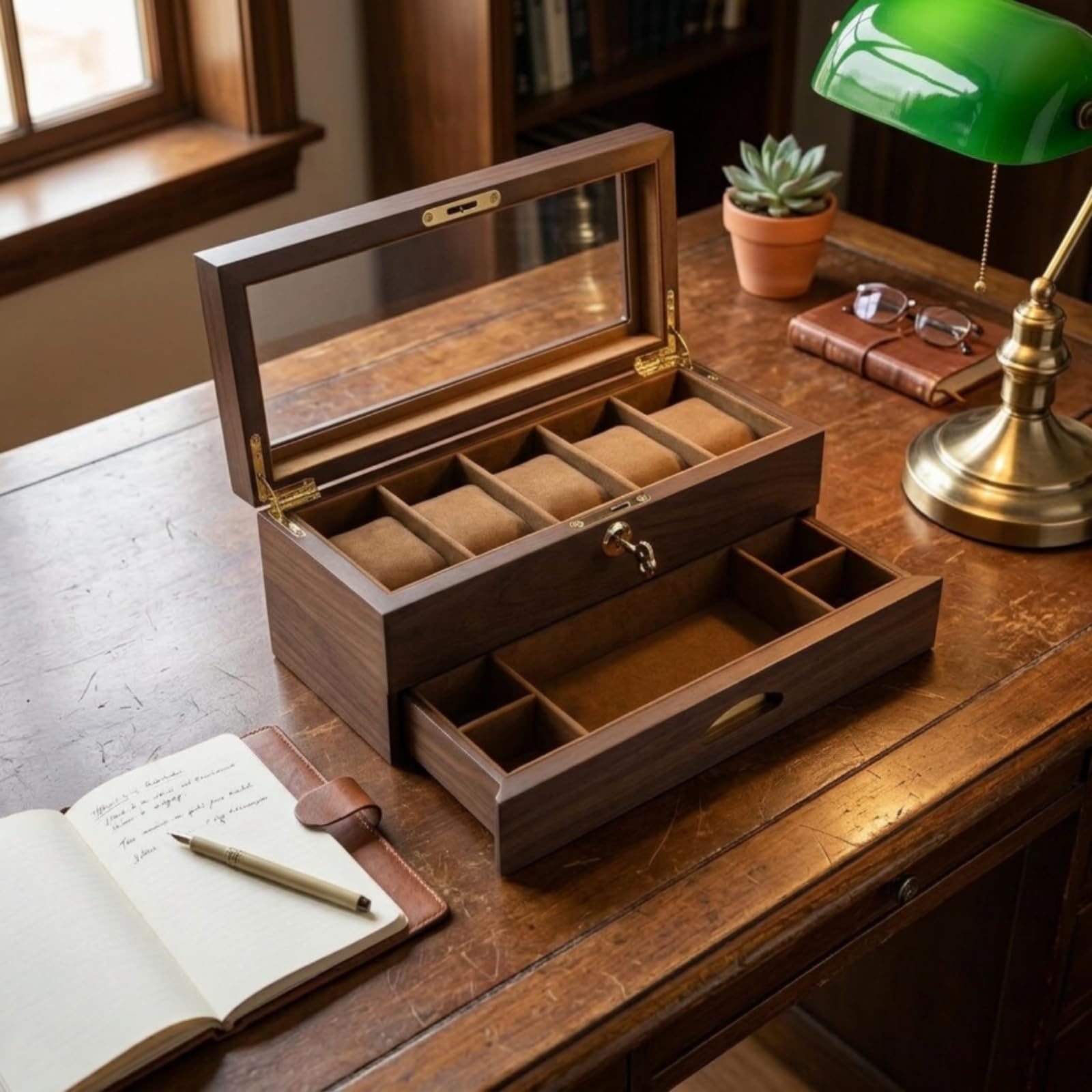 Organizador Relojes con Tapa Cristal Suave Joyero con Cierre Cómodo Organizadora Joyas Tapa Cristal para Coleccionistas, Caja De 6 Relojes De Doble Capa Con Cajón, Acabado En Teca