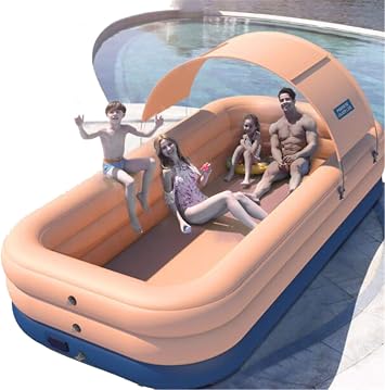 Large automatic inflatable pool for family, inflatable pool with canopy for kids and adults, blowing kiddy pool for backyard summer water activities, orange, 1 feet