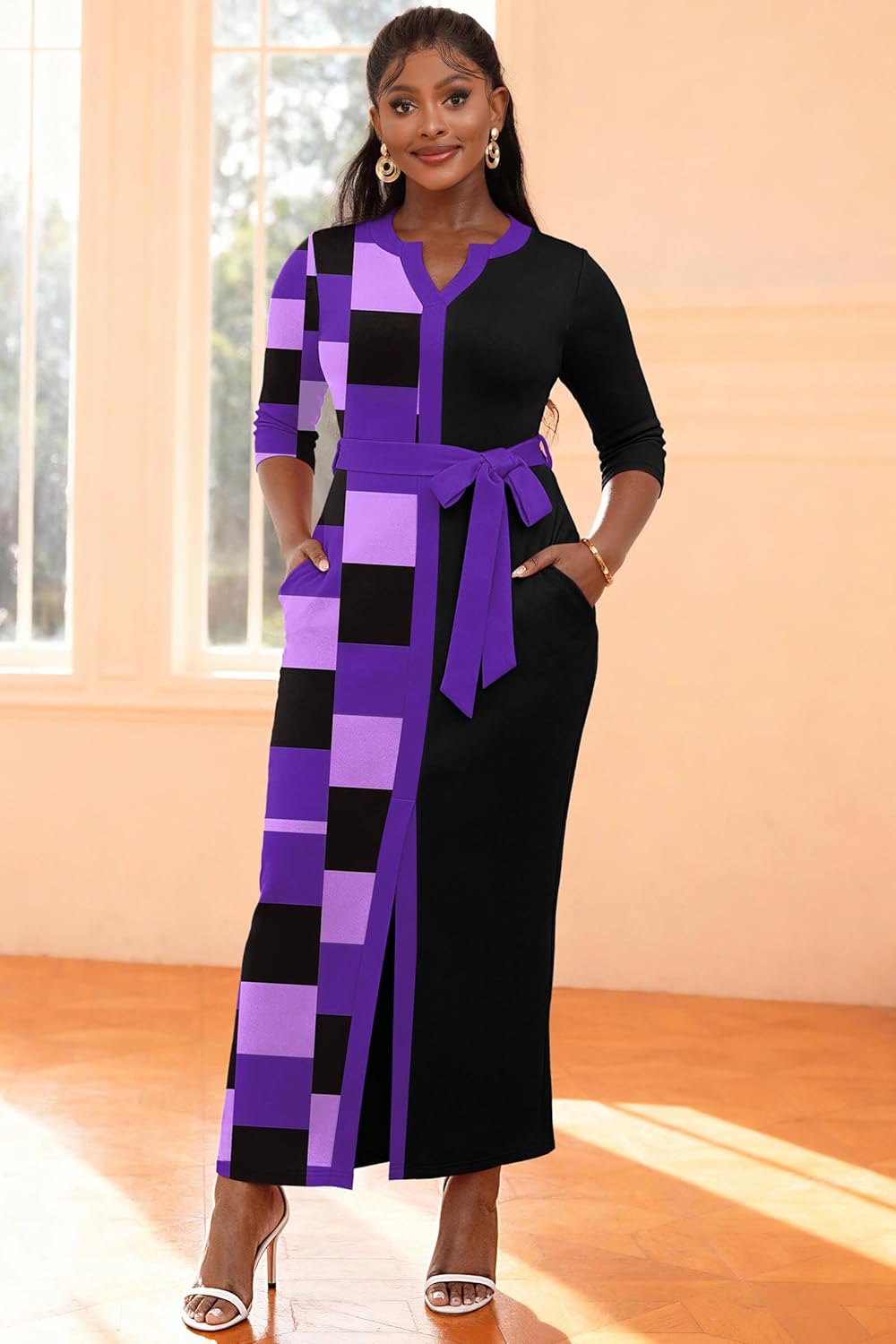 Nmoder Maxi Dress for Women Long Church Cocktail Casual Dresses Colorblock Front Split 3/4 Sleeve V Neck Pencil Dress