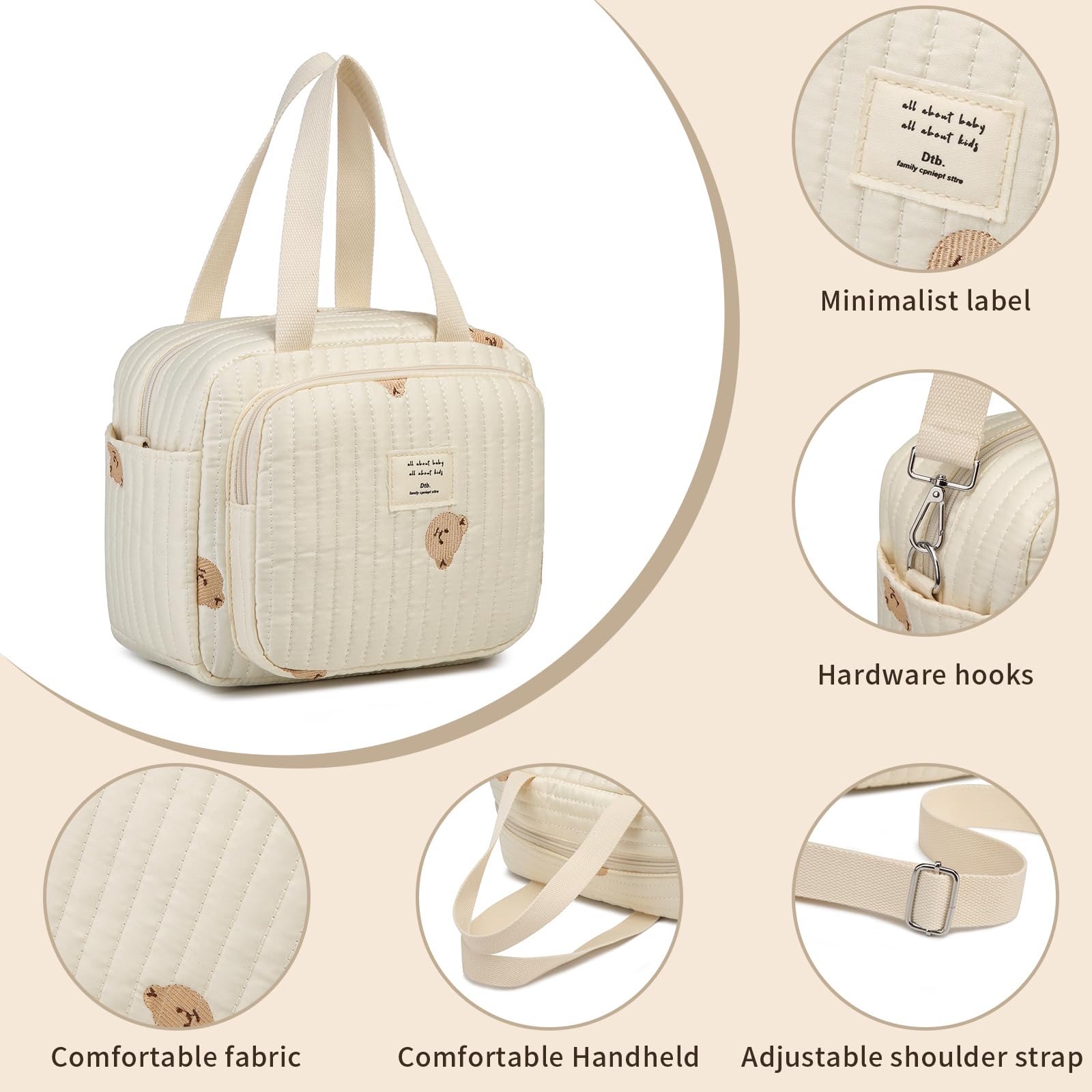 Petit sac à langer bandoulière 7 poches blanc cassé pour bébé