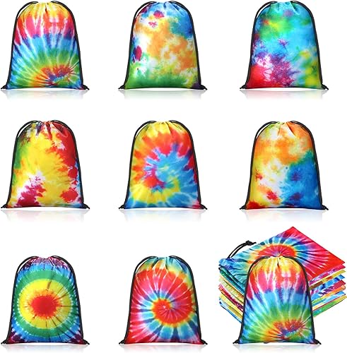 Cunno 24 bolsas de 7 x 5 pulgadas con cordón de teñido anudado, bolsas reutilizables de poliéster coloridas para dulces para suministros de fiesta