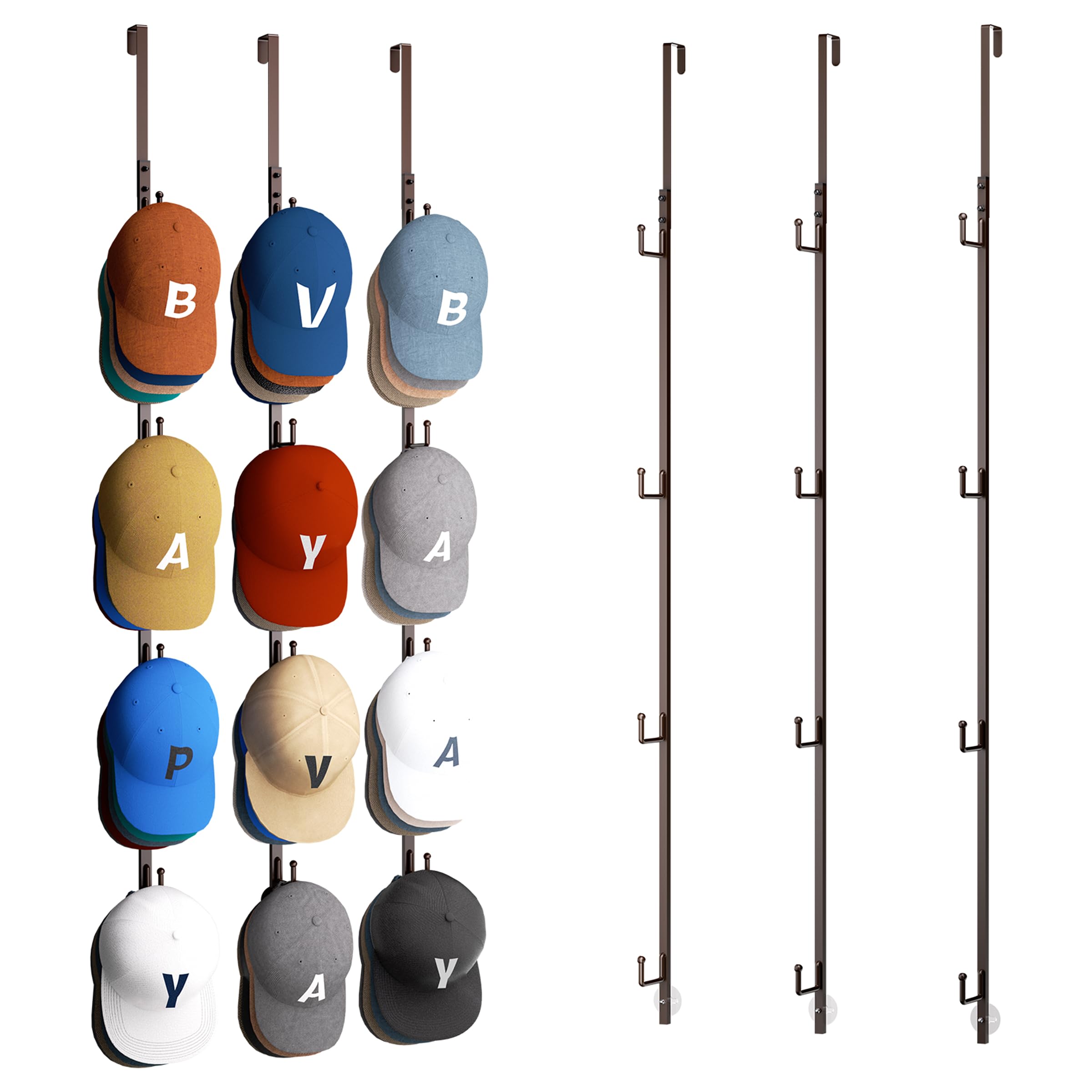 Over Door Hat Rack - 3 Packs Hat Organizer with 12 Hooks Design, Hanging Baseball Cap Organizer Storage Holds Up to 60 Caps for Door, Bedroom, Closet (Brown)