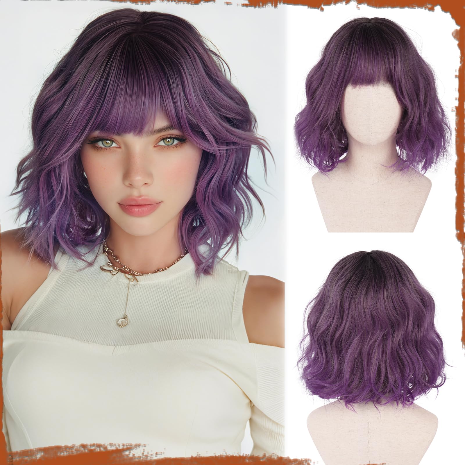 SOFEIYAN Short Wavy Black Omber Purple Wig - 12 Inch Bob Wig with Bangs for Women Curly Shoulder Length Bob Wig with Bangs Soft Synthetic Hair Wigs for Girls Daily Party Use-1