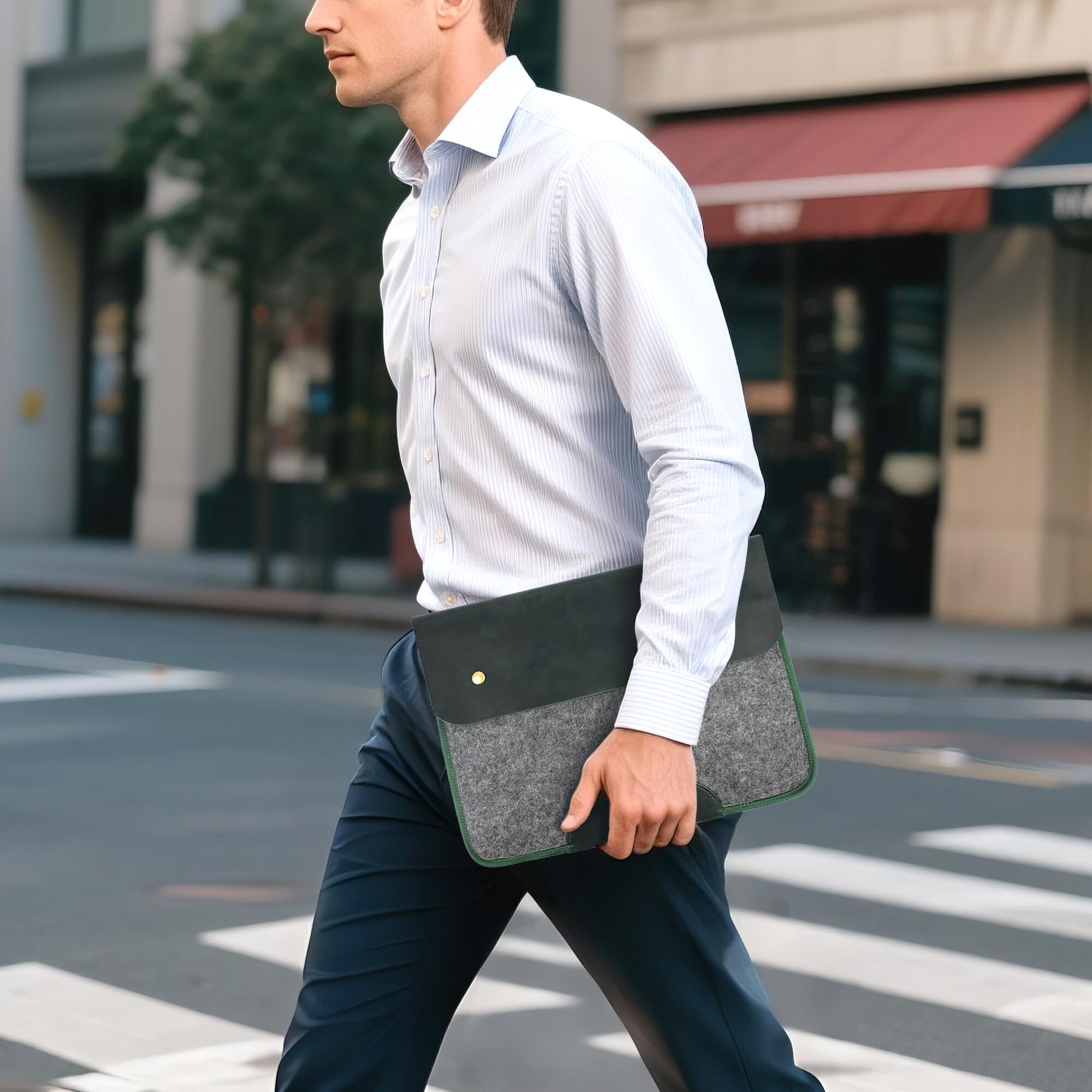 NGGU Premium Felt & Leather Laptop Sleeve - Durable 13-16 Inch Case for MacBook, Tablet & Laptop - Stylish & Protective - Small & Green