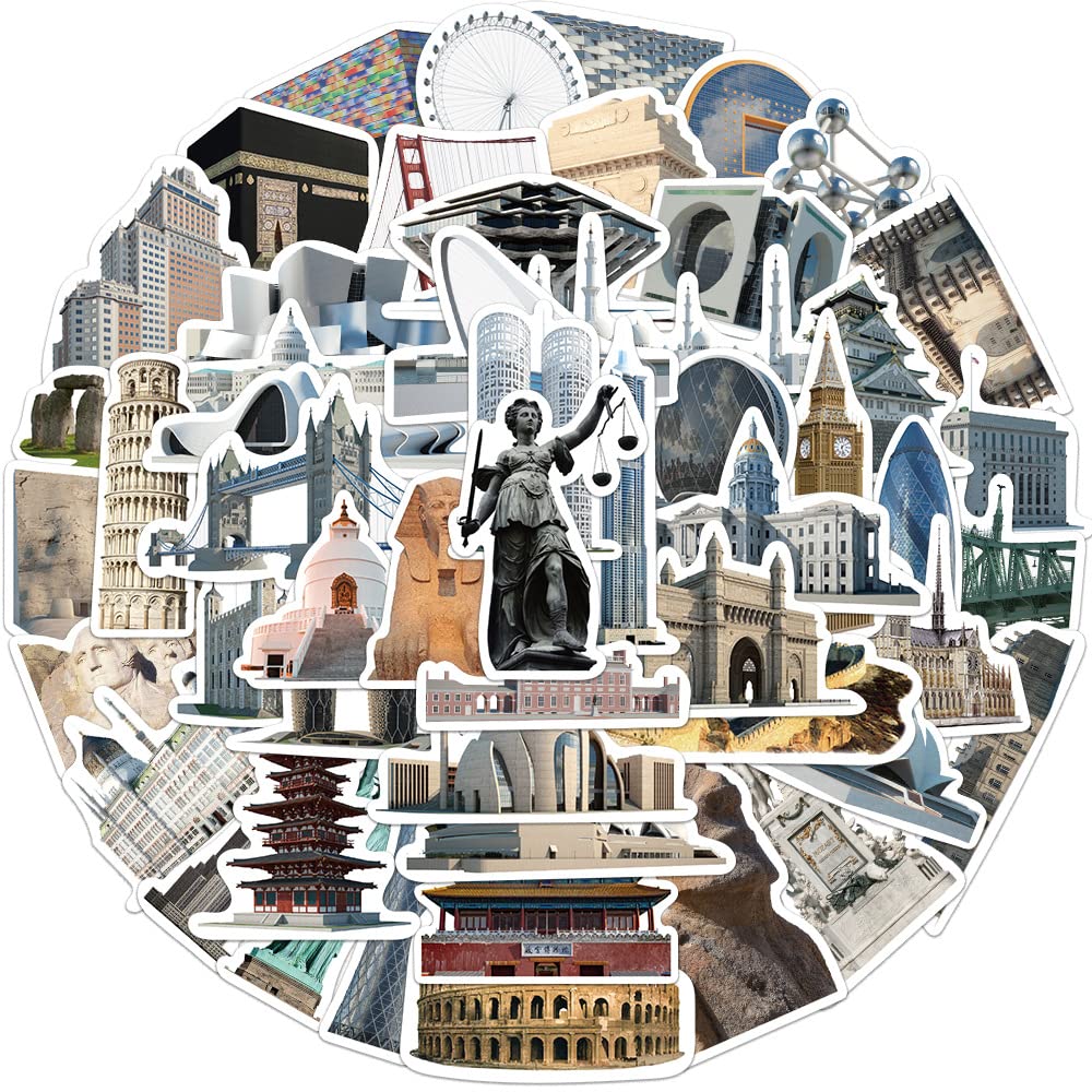 World Travel Famous Architecture Stickers for Luggage, 65PCS Vinyl Waterproof Stickers Pack for Water Bottle, Laptop, Bicycle, Suitcase, Scrapbook,