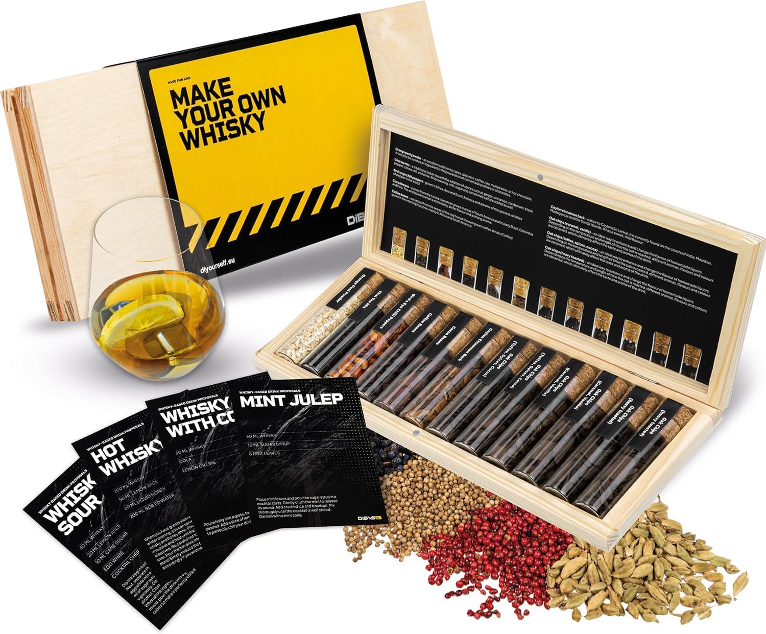 DIBYS Mini Kit Whisky para Regalar | 12 Especias para Cócteles | Con 4 Tarjetas de Recetas, Léxico y Elegante Caja | Set de Regalo para Hombres y Mujeres | Juego Hacer Whiskey Infusión en Casa