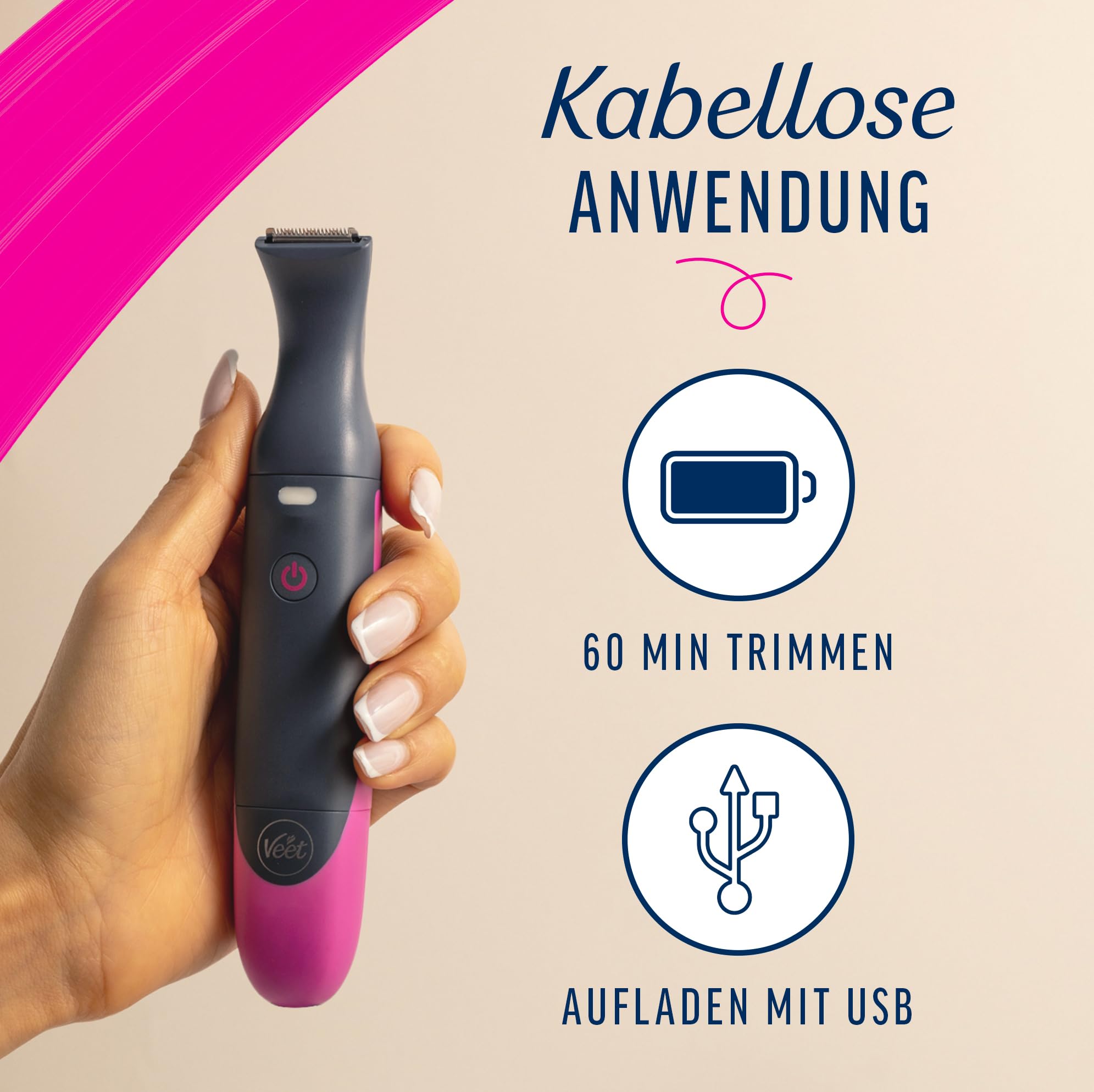 Veet Expert Intimate All-In-One Trimmer - Damen Haartrimmer & Intimrasierer für Gesicht, Augenbrauen, Intimbereich & Achseln - Sanfter Rasierer mit Präzisionsaufsatz für Frauen - Wasserfest