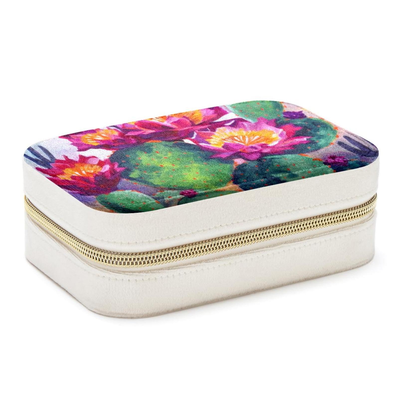 Boîte à bijoux pour femmes double couche petit format voyage fleurs de cactus violets