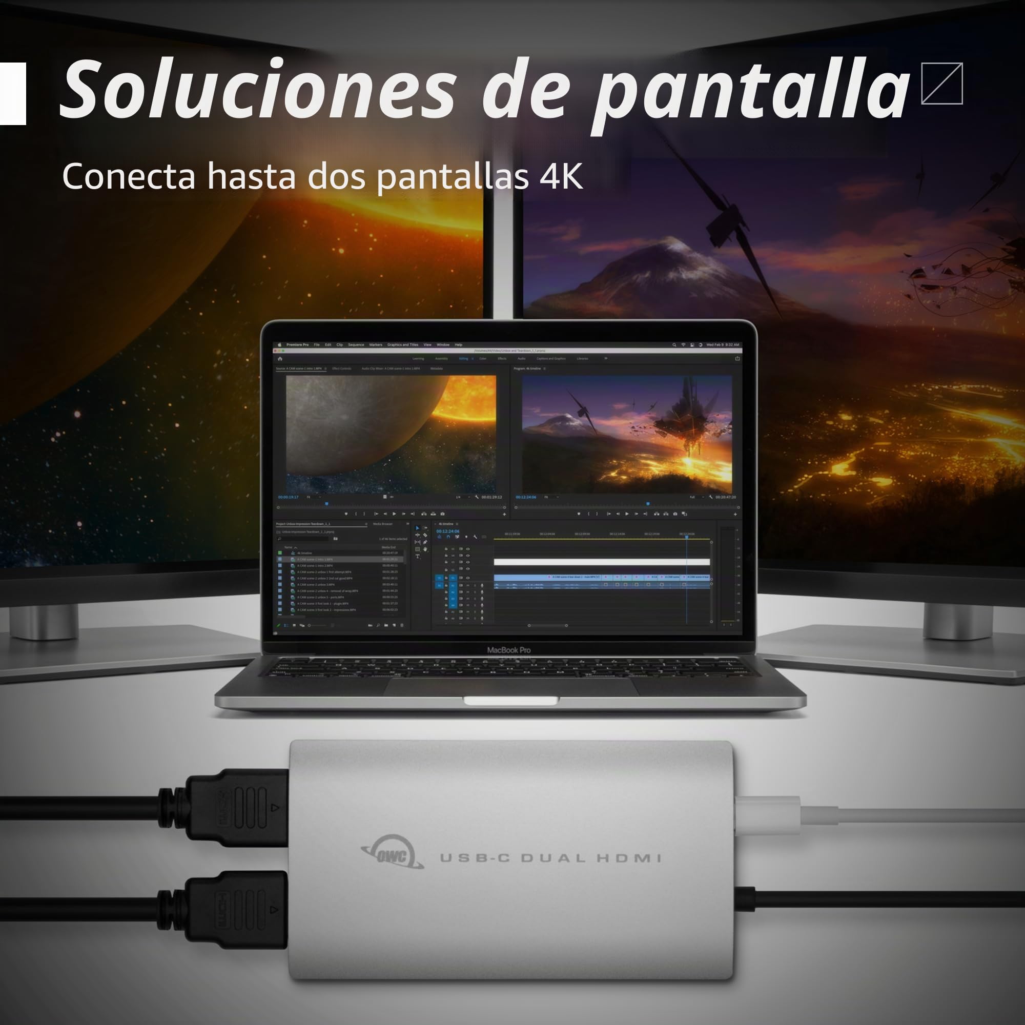OWC Adaptador de pantalla USB-C dual HDMI 4K con DisplayLink, para Mac Apple Silicon M1 y M2 u otros Mac o PC con USB-C o Thunderbolt