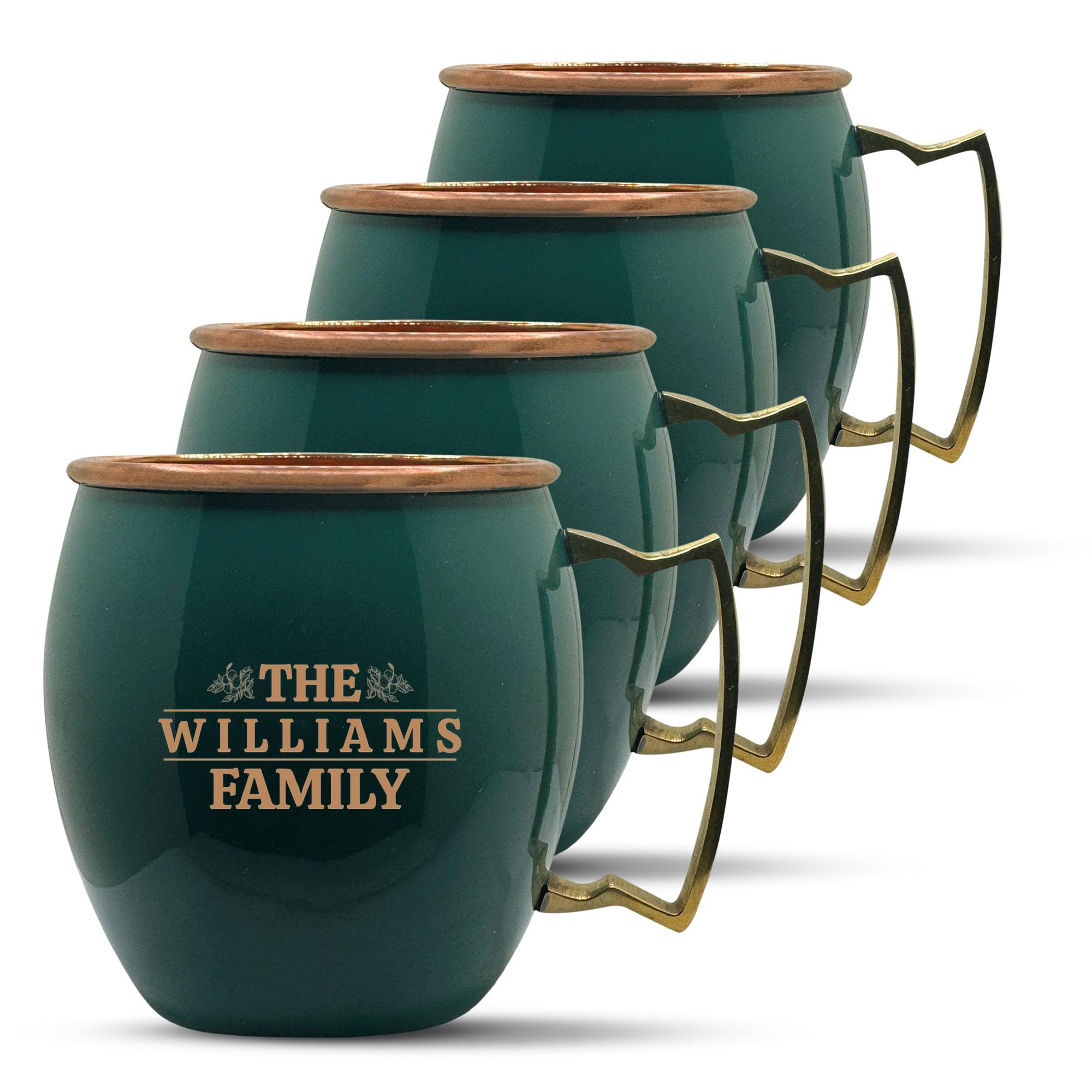 Custom Copper Moscow Mule with Smooth Painted Finish - Engraved Bar Style 100% Copper Cup with Personalized Floral Last Name Monogram Themed Engraving, Brass Handle | 18 oz, Green | Set of 4