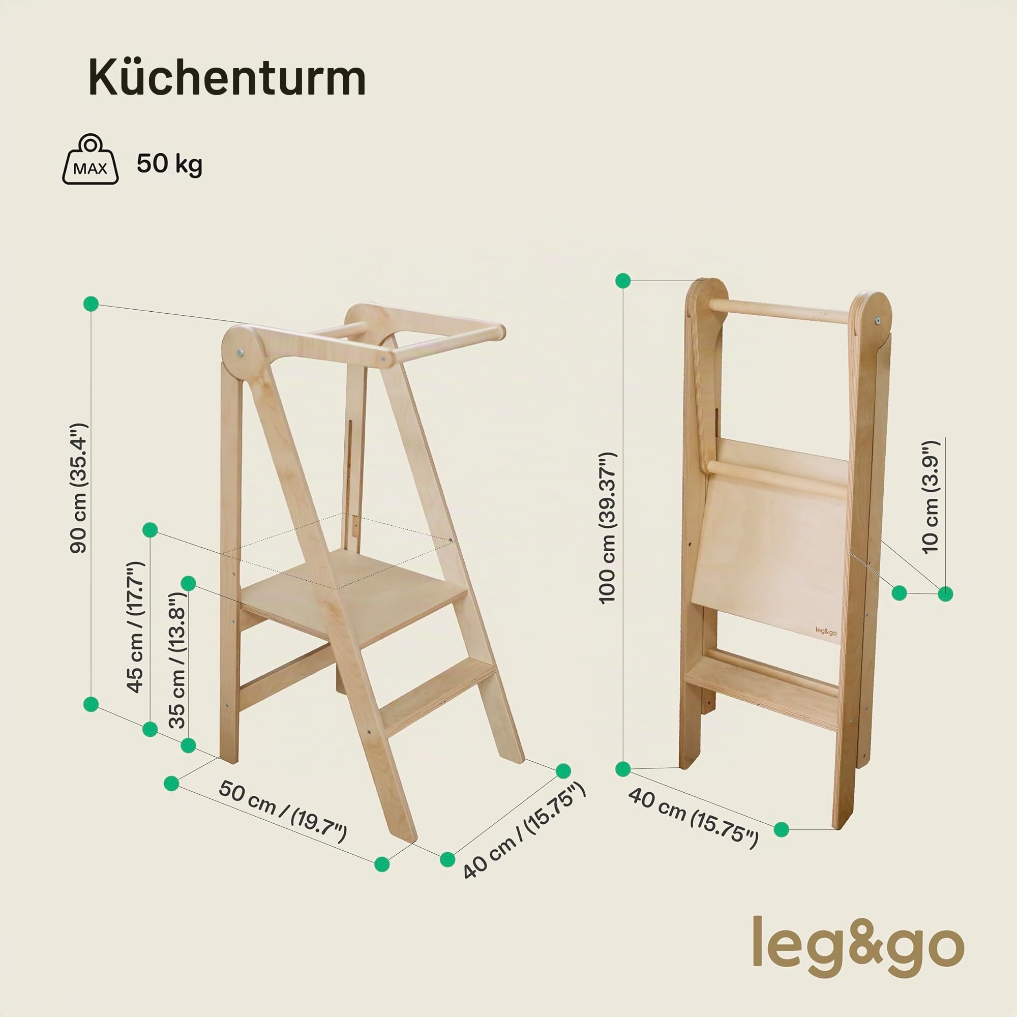 Leg&Go Montessori klappbarer Lernturm mit höhenverstellbarer Plattform - komplett montiert und sofort einsatzbereit. (Naturholz)