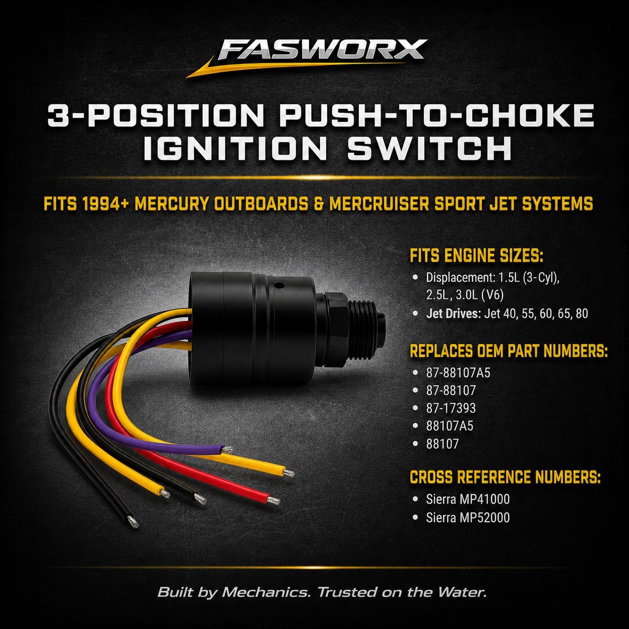 FASWORX 3-Position Push-to-Choke Marine Ignition Switch Replacement for Mercury MerCruiser Outboard Sport Jet 87-88107A5 87-88107 88107A5 87-17393, 6-Wire 12V 30A Ignition Key Switch Assembly