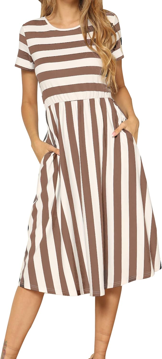 levaca Women’s Casual Short Sleeve Striped Swing Midi Dress with Pockets