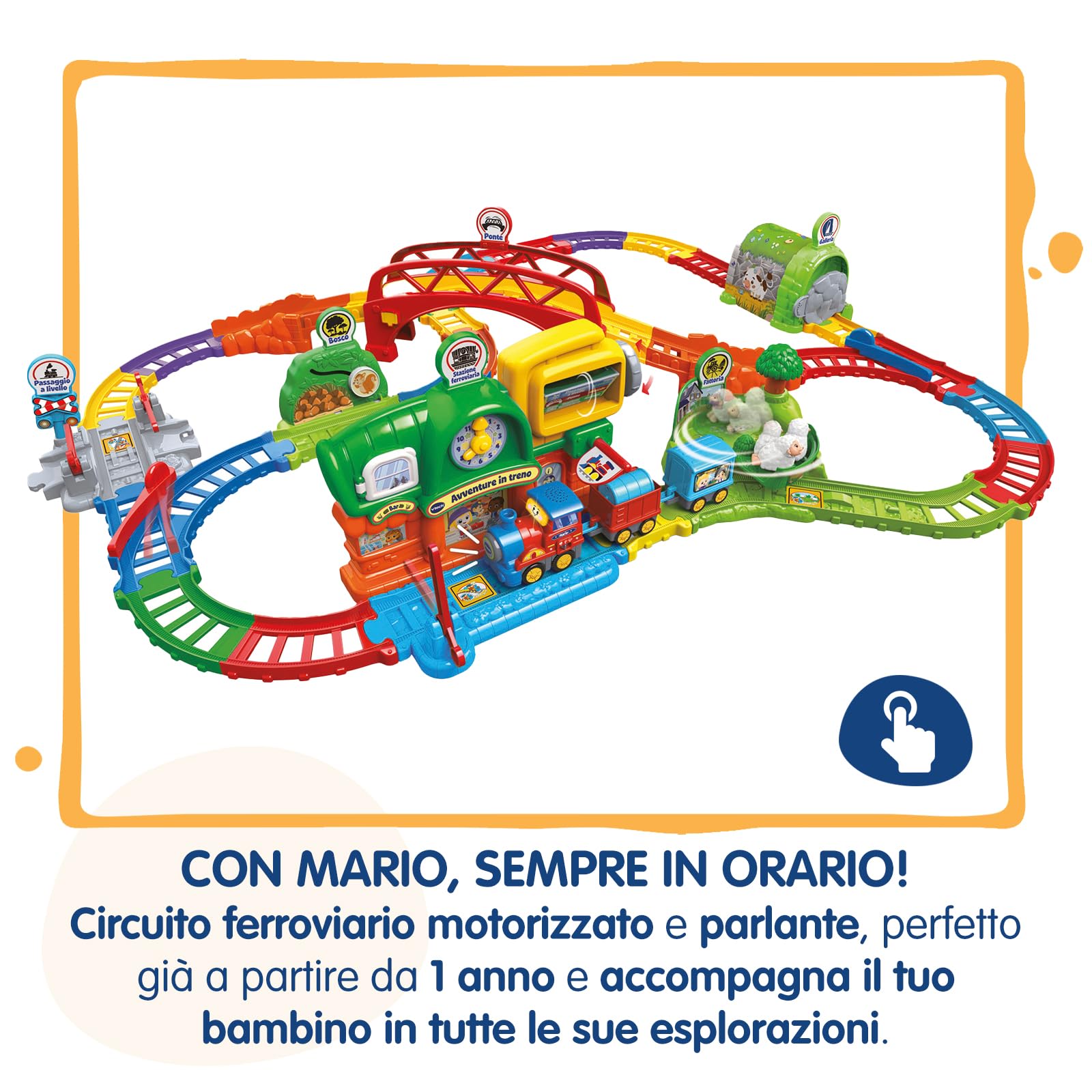 VTech Vroom Vroom Go przygody pociągiem, tor elektryczny z przeszkodami, w tym lokomotywa motoryzowana i wagony, 6 magicznych stref, włoski, baterie w zestawie, 1-5 lat