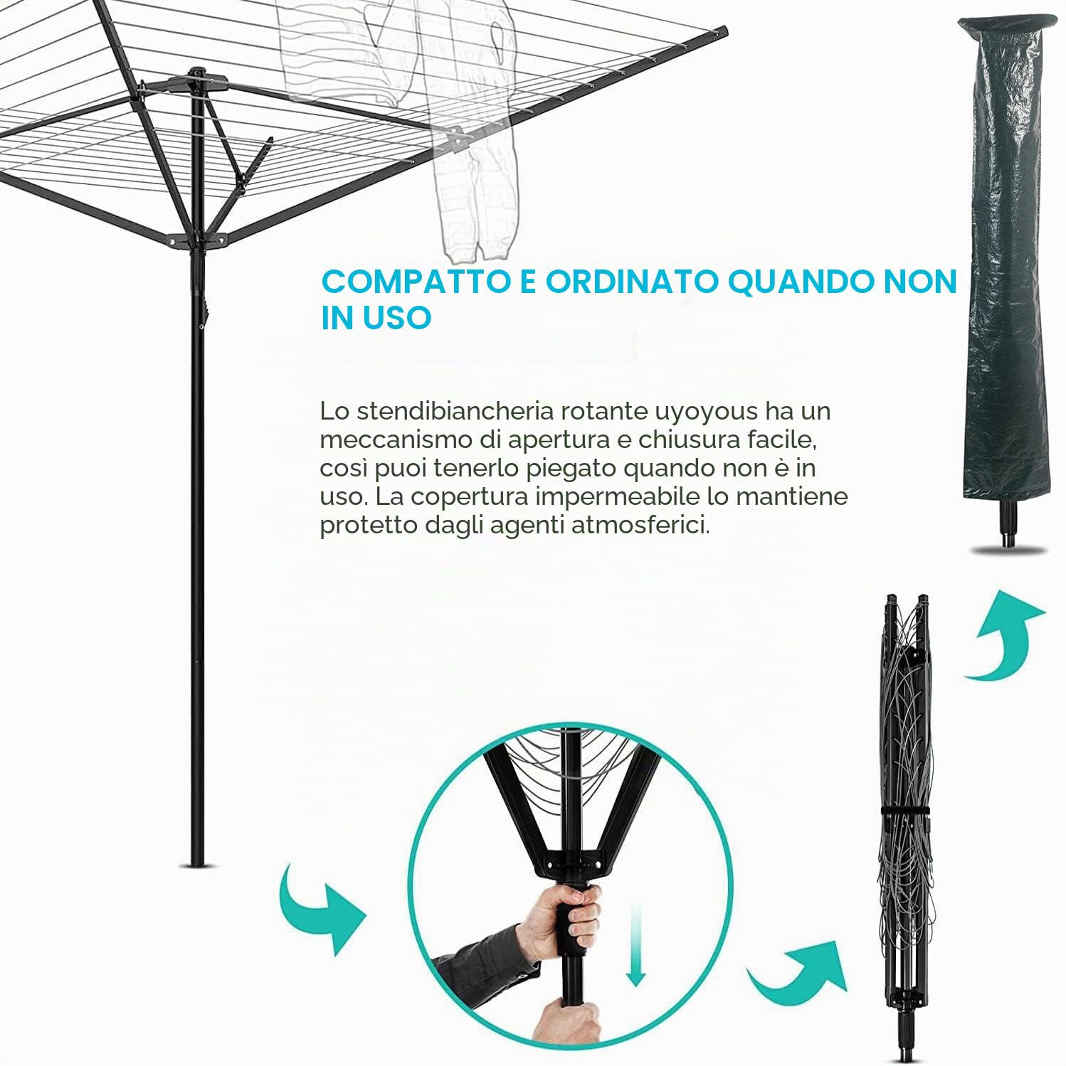 uyoyous Stendibiancheria per esterni, con manicotto di protezione, 50 m, stendibiancheria da giardino
