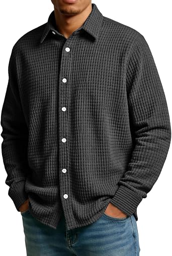 Mens Long Sleeve Button Down Shirts with Collar Big and Tall Dress Shirts Casual Comfy Lightweight Quilted Shacket