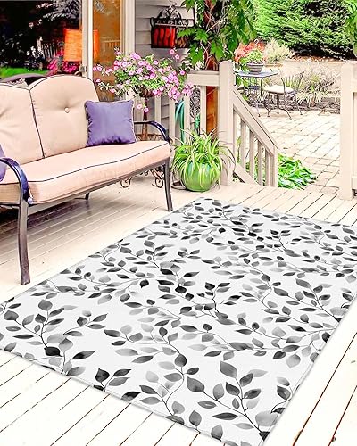 Black Eucalyptus Leaves Outdoor Rug for PatioDeckPorch, Non-Slip Large Area Rug 6 x 9 Ft, Summer Botanical Watercolor Retro Indoor Outdoor Rugs