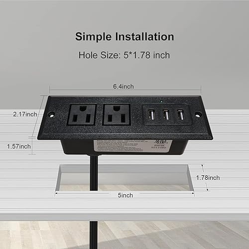 Miniatura 2 de Regleta de alimentación de escritorio con toma de corriente de escritorio empotrada USB, 2 tomacorrientes, 3 puertos USB (15 W3 A), estación de