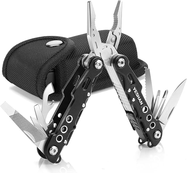 YESHAN 15 in 1 Multitool Pliers with Safety Locking, Needle Nose Pliers Bottle Opener Screwdriver Saw Multi-Plier with Nylon Sheath for Outdoor, Camping, Hunting and Hiking(Black)