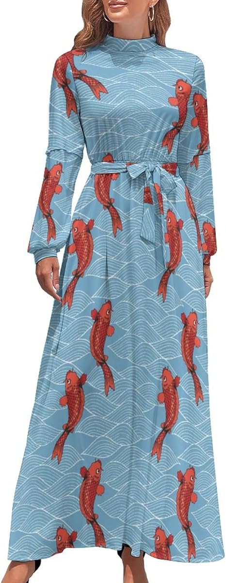 Amazon Co Jp ドレス 上品 パーティードレス 和柄 和風 波 魚 コイ柄 ワンピース ドレス春夏秋 袖あり シンプル レディース レトロ 着痩 長袖 足首丈 ゆったり オシャレ ミモレ丈 ロング丈 パーティー 通勤 二次会 結婚式 ファッション