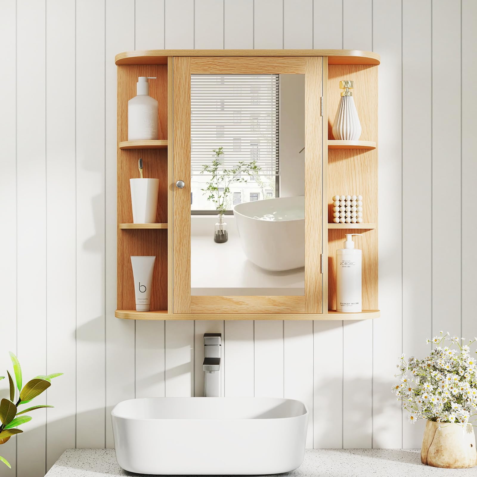 COSTWAY Armoire Murale de Salle de Bains avec Miroir avec Etagères Réglables et Compartiments Ouverts Armoire à Pharmacie pour Toilette (Naturel) (Naturel)