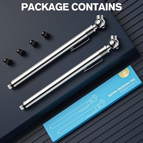 Miniatura 8 de Medidor de presión de neumáticos de lápiz, paquete de 2, manómetro de presión de aire de 10-75PSI con tapas de neumáticos, cuerpo de acero