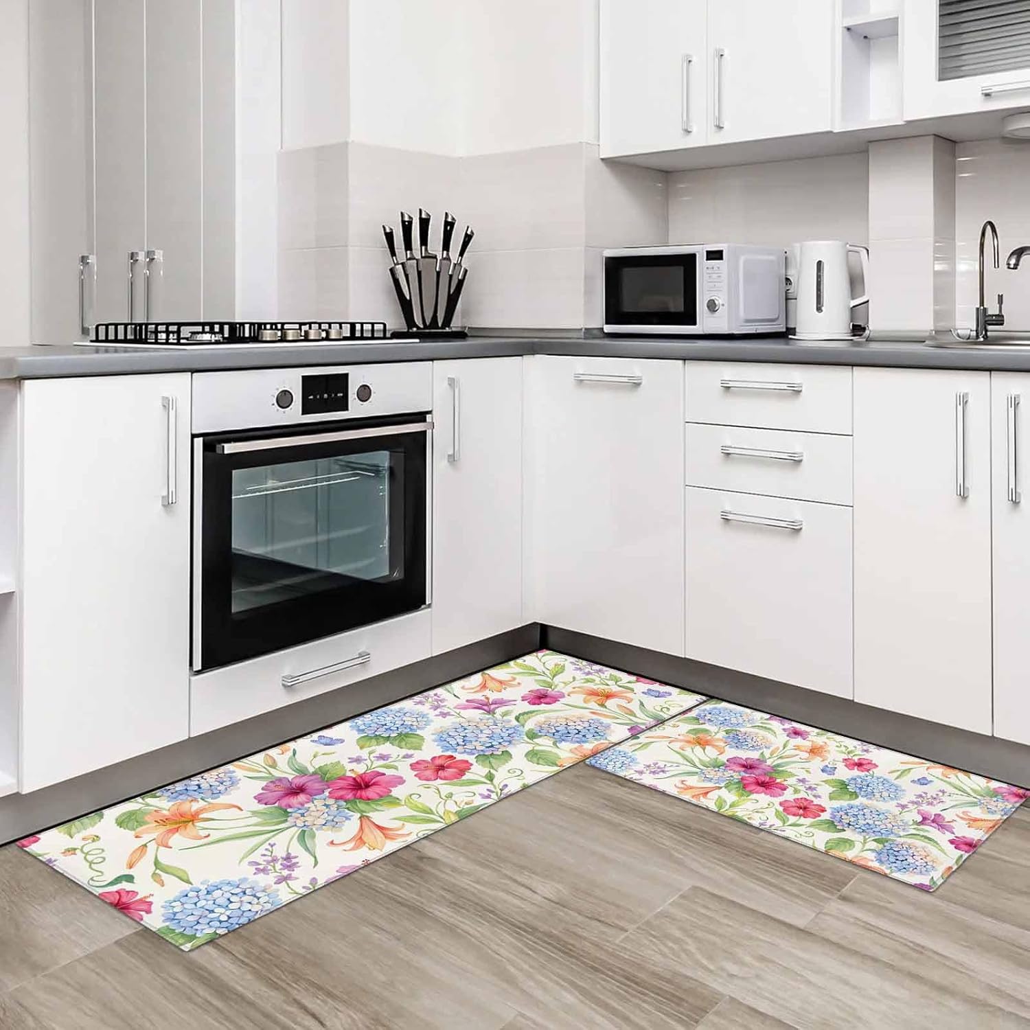 Kitchen Mats for Floor Watercolor Pink Flowers Blue Hydrangea Washable Non Slip Kitchen Rugs 2PCS, Country Floral Absorbent Standing Mats for Sink Bathroom Office Living Room 15.7x23.6in+15.7x47.2in